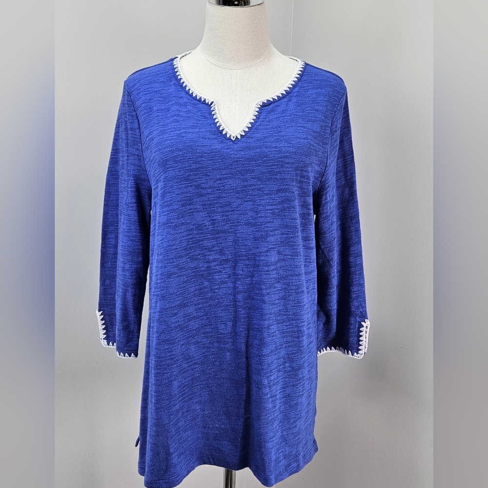 Talbots Petites Blue Cotton Linen Blend Ric Rac Trim Tunic Top LP
